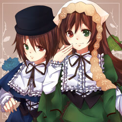 Rule 34 | 2girls, black corset, black ribbon, blue capelet, blue flower, blue rose, blush, brown background, brown hair, capelet, closed mouth, collared dress, collared shirt, commentary request, corset, dress, flower, frilled shirt, frilled shirt collar, frills, green dress, green eyes, green flower, green rose, hair between eyes, hand on own cheek, hand on own face, hat, head scarf, heterochromia, highres, lace, lolita fashion, long bangs, long hair, long sleeves, looking at viewer, medium bangs, mikan (kuriyu405), multiple girls, neck ribbon, red eyes, ribbon, rose, rozen maiden, shirt, short hair, siblings, sisters, smile, souseiseki, suiseiseki, top hat, twins, upper body, white shirt