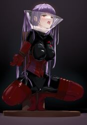 Rule 34 | 1girl, arms behind back, asagami fujino, bdsm, black gloves, bodysuit, bondage, bondage outfit, boots, bound, breasts, corset, cum, fate/grand order, fate (series), gloves, highres, impossible clothes, kara no kyoukai, large breasts, latex, latex bodysuit, latex gloves, latex legwear, long hair, open mouth, purple hair, red corset, red eyes, red footwear, red gloves, rope, skindentation, solo, squatting, thigh boots, tongue, tongue out