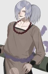 Rule 34 | 1boy, absurdres, ayuyaki, bead necklace, beads, black lips, feet out of frame, grey hair, hair over one eye, highres, jewelry, looking at viewer, male focus, multiple heads, naruto (series), necklace, sakon and ukon (naruto), short hair, sketch, smile, solo