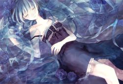 Rule 34 | 1girl, aqua hair, bare shoulders, blue rose, blue skirt, collarbone, dress, closed eyes, flower, hatsune miku, lace, long hair, lying, mimittsu, nail polish, paranoia (vocaloid), partially submerged, ribbon, rose, skirt, solo, strap slip, very long hair, vocaloid, water