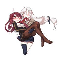 Rule 34 | 2girls, asymmetrical legwear, biting, biting clothes, black gloves, black skirt, blush, brown hair, brown shirt, buttons, carrying, girls&#039; frontline, gloves, grey eyes, hair ribbon, highres, long hair, long sleeves, low-tied long hair, multiple girls, necktie, one eye closed, one side up, pantyhose, pleated skirt, princess carry, red eyes, ribbon, shan, shirt, signature, silver hair, skirt, svd (girls&#039; frontline), thighhighs, twintails, uneven legwear, uniform, very long hair, wa2000 (girls&#039; frontline), white background