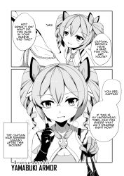 Rule 34 | 1boy, 1girl, 2koma, :d, bow, bowtie, bronya zaychik, bronya zaychik (yamabuki armor), captain (honkai impact), collarbone, comic, commentary, crossed bangs, drill hair, english commentary, english text, fingerless gloves, gloves, greyscale, hair between eyes, hair ribbon, hand up, highres, holding, holding clothes, holding panties, holding underwear, honkai (series), honkai impact 3rd, index finger raised, looking at another, military, military uniform, monochrome, open mouth, out of frame, panties, ribbon, sheita, short hair, sidelocks, simple background, sleeveless, smile, solo focus, speech bubble, talking, twin drills, twintails, underwear, uniform, upper body, white background