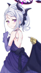 1girl back black_halo blue_archive blush breasts closed_mouth demon_girl demon_horns demon_wings dress earrings gloves halo highres hina_(blue_archive) hina_(dress)_(blue_archive) horns jewelry karahai_(31448823) long_hair looking_at_viewer necklace pendant purple_dress purple_eyes purple_gloves simple_background small_breasts solo standing white_background white_hair wings