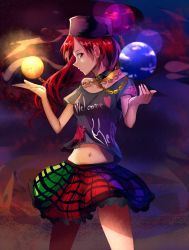 Rule 34 | 1girl, chain, clothes writing, collar, cowboy shot, earth (planet), hat, hecatia lapislazuli, highres, hizagawa rau, long hair, looking at viewer, midriff, moon, multicolored clothes, multicolored skirt, navel, planet, red eyes, red hair, shirt, skirt, solo, touhou