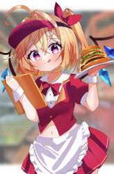 Rule 34 | 1girl, :q, absurdres, ahoge, alternate costume, apron, blonde hair, blurry, blurry background, blush, bow, bowtie, breasts, burger, closed mouth, commentary request, cowboy shot, crystal, crystal wings, cuffs, eyelashes, flandre scarlet, food, hair between eyes, hair bow, hair intakes, hair ribbon, hands up, highres, holding, holding burger, holding food, holding tray, iris (airisu495), light smile, looking at viewer, medium hair, midriff, navel, one side up, pleated skirt, red bow, red bowtie, red eyes, red skirt, red vest, ribbon, short sleeves, skirt, small breasts, solo, standing, tongue, tongue out, touhou, tray, vest, waist apron, waitress, white apron, wings, wrist cuffs