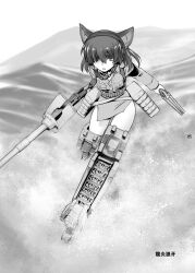 Rule 34 | animal ears, artist name, backpack, bag, cannon, day, desert, double-barreled shotgun, double barrels, full body, greyscale, gun, hair over one eye, headset, highres, hill, holding, holding weapon, jacket, land striker, long sleeves, looking at viewer, medium hair, military, military uniform, monochrome, no pants, outdoors, running, ruuen rouga, sand, shotgun, strike witches (lionheart witch), theodora kleff, uniform, weapon, world witches series