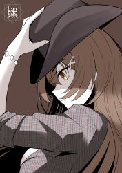 Rule 34 | 1girl, absurdres, ahoge, alternate costume, bracelet, brown background, brown eyes, brown hair, cowboy hat, fingernails, from side, hair ornament, hairclip, hat, highres, holding, holding clothes, holding hat, hololive, hololive english, jewelry, landacdeus, long hair, multicolored hair, nanashi mumei, plaid, plaid shirt, profile, shirt, sleeves rolled up, streaked hair, very long hair, virtual youtuber, white shirt