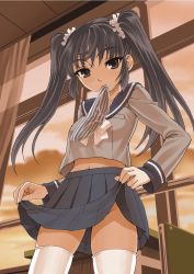 Rule 34 | 1girl, black eyes, black hair, classroom, clothes lift, female focus, highres, indoors, long hair, mouth hold, no panties, nokia (harusion), original, panties, panties in mouth, school, school uniform, skirt, skirt lift, sky, smile, solo, striped clothes, striped panties, sunset, thighhighs, twintails, underwear, white thighhighs