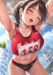 Rule 34 | 1girl, armpits, bent over, black hair, blush, bottle, breasts, buruma, closed eyes, highres, kase daiki, large breasts, navel, open mouth, original, ponytail, red sports bra, short hair, solo, sports bra, steam, steaming body, sweat, thighs, tongue, track uniform, very sweaty, water bottle, wet