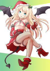 Rule 34 | 1girl, alternate costume, belt, belt buckle, blonde hair, blue eyes, blush, boots, breasts, brown belt, buckle, closed mouth, demon tail, demon wings, elbow gloves, fingerless gloves, fingernails, fishnet thighhighs, fishnets, fuji (pixiv24804665), gloves, hat, heart, high heel boots, high heels, highres, jervis (kancolle), kantai collection, long hair, pleated skirt, pom pom (clothes), red footwear, red gloves, red skirt, santa hat, skirt, small breasts, smile, solo, tail, thighhighs, tongue, tongue out, wings