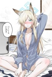 Rule 34 | 1girl, animal ears, barefoot, blonde hair, blue archive, blue eyes, blue shirt, breasts, collared shirt, commentary request, dog ears, hair over one eye, halo, highres, kanna (blue archive), long hair, looking at viewer, medium breasts, naked shirt, okara, on bed, sharp teeth, shirt, sitting, solo, teeth, translation request