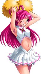 Rule 34 | 00s, 1girl, armpits, arms up, bug, butterfly, cheerleader, cure dream, grin, hair rings, insect, magical girl, midriff, non-web source, one eye closed, pink hair, pom pom (cheerleading), precure, purple eyes, simple background, smile, solo, white background, wink, yes! precure 5, yumehara nozomi