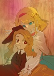 Rule 34 | 2girls, alice margatroid, ascot, blonde hair, blue dress, blue eyes, brown dress, brown headwear, capelet, collared shirt, dress, hairband, hand on another&#039;s face, hand on own face, hat feather, jacket girl (dipp), kon hazuki, lolita hairband, long hair, long sleeves, medium hair, multiple girls, parted bangs, pink ascot, red eyes, red hairband, shirt, smile, touhou, very long hair, wavy hair, white capelet, white shirt