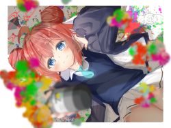Rule 34 | absurdres, ahoge, blue archive, blue eyes, blue necktie, blue sweater vest, blurry, collared shirt, depth of field, double bun, hair bun, halo, hand on own face, highres, jacket, light blush, long sleeves, looking at viewer, lying, maki (blue archive), nazomaki (blue archive), necktie, on back, open clothes, open jacket, ortho kaeritai, outstretched arm, paint splatter, pleated skirt, puffy sleeves, red hair, shirt, short hair, sidelocks, skirt, smile, smiley face, spray can, spray paint, sweater vest, white shirt, white skirt