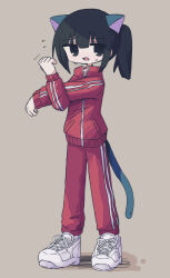 Rule 34 | 1girl, animal ears, black eyes, black hair, cat ears, cat girl, cat tail, cross-body stretch, crossed arms, double vertical stripe, full body, jacket, kanikan, long sleeves, looking at viewer, medium hair, open mouth, original, pants, ponytail, red jacket, red pants, shoes, sidelocks, simple background, sneakers, solo, standing, stretching, sweat, tail, track jacket, track pants, track suit, white footwear, zipper