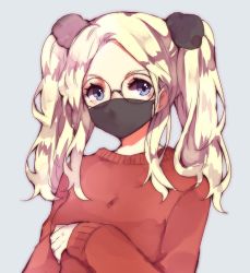 Rule 34 | blonde hair, blue eyes, blush, commentary, commission, copyright request, glasses, grey background, long sleeves, looking at viewer, mask, mouth mask, parted bangs, peachpii, red sweater, simple background, solo, sweater, twintails