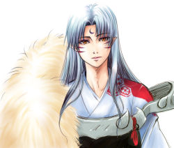 Rule 34 | 1boy, armor, bishounen, crescent moon symbol, facial mark, forehead mark, fur, hexagon, honeycomb pattern, inuyasha, long hair, looking at viewer, male focus, pointy ears, sesshoumaru, simple background, slit pupils, solo, sumomo (pixiv696745), tassel, white background, white hair, yellow eyes