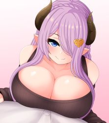 Rule 34 | 1boy, 1girl, bare shoulders, blush, breast press, breasts, cleavage, collarbone, draph, granblue fantasy, hair ornament, hair over one eye, heart, heart hair ornament, highres, horns, large breasts, looking at viewer, looking up, narmaya (granblue fantasy), pointy ears, pov, purple hair, simple background, smile, sweater, the only shoe