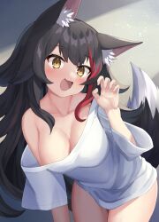 Rule 34 | 1girl, absurdres, animal ear fluff, animal ears, black hair, breasts, claw pose, cleavage, collarbone, commentary request, hair between eyes, highres, hololive, kajitsu no hito, large breasts, leaning forward, long hair, looking at viewer, multicolored hair, ookami mio, ookami mio (casual), red hair, shirt, short sleeves, sidelocks, solo, streaked hair, virtual youtuber, white shirt, wolf ears, wolf girl, yellow eyes