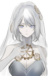 Rule 34 | 1girl, blue eyes, breasts, bridal veil, cleavage, closed mouth, colored eyelashes, dainatsu, dress, e.g.o (project moon), faust (project moon), gears, hand on own chest, highres, limbus company, looking at viewer, onatsu24a, project moon, short hair, veil, wedding dress, white background, white hair