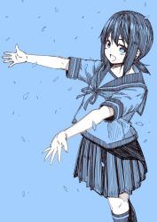 Rule 34 | 10s, 1girl, blue background, blue theme, falling leaves, female focus, fubuki (kancolle), kantai collection, kouji (campus life), leaf, looking at viewer, low ponytail, monochrome, outstretched arms, school uniform, serafuku, short hair, short ponytail, sketch, smile, solo