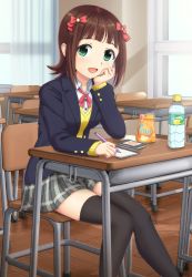 Rule 34 | 1girl, :d, amami haruka, black thighhighs, bottle, bow, brown hair, cellphone, chair, curtains, desk, green eyes, hair bow, highres, holding, idolmaster, idolmaster (classic), iphone, looking at viewer, md5 mismatch, nattsu (pegimin), open mouth, pencil, phone, school desk, school uniform, short hair, sitting, skirt, smartphone, smile, solo, thighhighs, window, zettai ryouiki