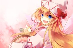 Rule 34 | 1girl, basket, blonde hair, blue eyes, capelet, cherry blossoms, fairy wings, hat, hat ribbon, kutsuki kai, lily white, long hair, long sleeves, looking at viewer, open mouth, petals, ribbon, smile, solo, touhou, upper body, wide sleeves, wings