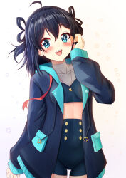 Rule 34 | 1girl, :d, ahoge, black hair, blue eyes, blue jacket, blue shorts, blush, breasts, commentary, commission, copyright request, covered collarbone, crop top, english commentary, gradient background, hand up, highres, jacket, long sleeves, looking at viewer, midriff, open clothes, open jacket, open mouth, prophosphere, puffy long sleeves, puffy sleeves, purple background, short shorts, shorts, simple background, sleeves past wrists, small breasts, smile, solo, star (symbol), starry background, virtual youtuber, white background
