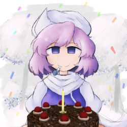 Rule 34 | 1girl, absurdres, black forest cake, blue eyes, cake, candle, closed mouth, confetti, food, highres, iesonatana, letty whiterock, looking at viewer, portal (series), purple hair, short hair, smile, solo, touhou, upper body, white headwear
