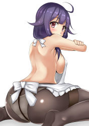 Rule 34 | 10s, 1girl, ahoge, apron, ass, bad id, bad pixiv id, bare back, bare shoulders, black pantyhose, blush, breasts, crotch seam, hair flaps, highres, kantai collection, large breasts, long hair, looking at viewer, looking back, low twintails, panties, panties under pantyhose, pantyhose, purple hair, red eyes, sideboob, simple background, sitting, solo, taigei (kancolle), terakoya, thighband pantyhose, twintails, underwear, wariza, white background