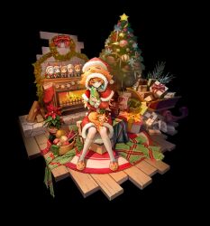 Rule 34 | 1girl, alternate costume, black background, candy, candy cane, chonkers (takanashi kiara), christmas, christmas ornaments, christmas present, christmas stocking, christmas tree, earrings, feather earrings, feathers, fireplace, food, fur-trimmed headwear, fur trim, gawr gura, gift, hat, highres, hololive, hololive english, jewelry, kotori (takanashi kiara), looking at viewer, mori calliope, myo-zin, ninomae ina&#039;nis, orange hair, purple eyes, santa costume, santa hat, simple background, sleigh, slippers, smile, smoothie (takanashi kiara), solo, takanashi kiara, virtual youtuber, watson amelia, wreath
