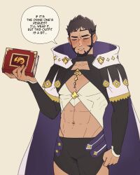 Rule 34 | 1boy, abs, bara, bare pectorals, beard, blush, book, brown hair, cape, clenched hand, closed eyes, commentary, embarrassed, english commentary, facial hair, fire emblem, fire emblem engage, highres, holding, holding book, jael dub, male focus, mauvier (fire emblem), nintendo, pectorals, speech bubble