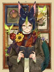 1boy absurdres alternate_costume animal_ear_fluff animal_ears black_hair brown_jacket cuilein-anbar_(genshin_impact) cyno_(genshin_impact) earrings flower fox_boy fox_ears fox_tail genshin_impact glasses green_eyes green_hair green_tail hair_between_eyes highres jacket jewelry long_sleeves looking_at_viewer male_focus misoshiru_umai4 multicolored_clothes multicolored_hair multicolored_scarf multiple_boys open_mouth scarf short_hair solo streaked_hair tail tighnari_(genshin_impact) vision_(genshin_impact)