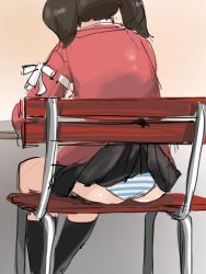 Rule 34 | 1girl, 4me 4ma, ass, black skirt, black socks, brown hair, chair, commentary request, feet out of frame, from behind, highres, japanese clothes, kantai collection, kariginu, panties, pleated skirt, red shirt, ryuujou (kancolle), shirt, skirt, socks, solo, striped clothes, striped panties, twintails, underwear