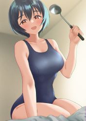 Rule 34 | 1girl, absurdres, black hair, blue one-piece swimsuit, blush, brave witches, breasts, collarbone, highres, indoors, kuroniko, ladle, large breasts, looking at viewer, one-piece swimsuit, open mouth, orange eyes, red eyes, shimohara sadako, short hair, sitting, smile, solo, swimsuit, world witches series