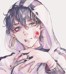 Rule 34 | 1boy, blood, blood on face, blue eyes, cigarette, earrings, hair between eyes, highres, holding, holding cigarette, hood, hood up, hoop earrings, jewelry, long sleeves, looking at viewer, male focus, mouth piercing, original, parted lips, purple hair, ring, short hair, simple background, solo, soramame, upper body