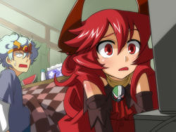 Rule 34 | 1boy, 1girl, borrowed character, circlet, commentary request, curly hair, demon girl, demon horns, elbow gloves, food, fruit, gloves, horns, long hair, maou beluzel, original, red eyes, red hair, sweatdrop, tissue, tissue box, watching television, watermelon, yugami gooshu, yuusha masatoshi, yuusha to maou