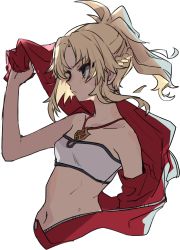 Rule 34 | 1girl, bandeau, blonde hair, braid, cropped torso, fate/apocrypha, fate (series), french braid, from side, green eyes, highres, jacket, jewelry, long hair, mordred (fate), mordred (fate/apocrypha), mordred (memories at trifas) (fate), navel, necklace, ponytail, ritsu (roboroboro), simple background, solo, stomach, white background