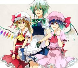Rule 34 | 3girls, alternate eye color, aoi 2, apron, ascot, bad id, bad pixiv id, brooch, female focus, flandre scarlet, frilled skirt, frills, gloves, grin, hat, highres, holding another&#039;s arm, izayoi sakuya, jewelry, looking at viewer, maid, maid apron, multiple girls, puffy short sleeves, puffy sleeves, red eyes, remilia scarlet, short hair, short sleeves, simple background, skirt, skirt set, smile, touhou, wings, wrist cuffs