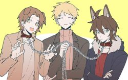 Rule 34 | 3boys, ahoge, alternate eye color, animal ears, atou haruki, black jacket, blonde hair, blue jacket, bright pupils, brown hair, brown shirt, brown sweater, chain, chain leash, closed eyes, closed mouth, collar, collared shirt, commentary request, crossed arms, dog boy, dog ears, fang, green eyes, hair between eyes, hands up, holding, holding chain, holding leash, isoi reiji, jacket, kemonomimi mode, leash, light frown, long sleeves, male focus, multiple boys, open clothes, open jacket, open mouth, open shirt, orange eyes, parted bangs, qubagogo, red collar, red shirt, ribbed sweater, saibou shinkyoku, shinano eiji, shirt, short hair, skin fang, smile, sweat, sweater, turtleneck, turtleneck sweater, white pupils, white shirt