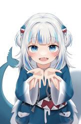 Rule 34 | 1girl, absurdres, animal costume, blue eyes, blue hair, blue hoodie, blue nails, blunt bangs, fins, fish tail, gawr gura, gawr gura (1st costume), hair ornament, highres, hololive, hololive english, hood, hoodie, looking at viewer, medium hair, missing tooth, multicolored hair, open mouth, shark costume, shark hair ornament, shark tail, sidelocks, smile, snmdx, solo, streaked hair, tail, two side up, virtual youtuber, white hair