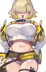 Rule 34 | 1girl, arm guards, belt, blonde hair, blush, breasts, clothing cutout, crop top, crop top overhang, cropped sweater, curvy, elegg (nikke), gloves, goddess of victory: nikke, grey shorts, hair intakes, hair over eyes, highres, large breasts, long bangs, long sleeves, micro shorts, midriff, mitsurugi sugar, multicolored hair, navel, open mouth, purple eyes, short hair, shorts, shoulder cutout, smile, solo, sweater, thighs, white sweater