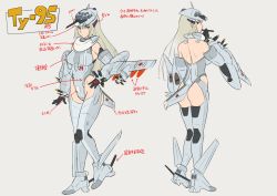 Rule 34 | 1girl, airplane wing, back, blonde hair, blue eyes, boots, breasts, character sheet, cigar, commentary request, detached sleeves, elbow gloves, gloves, grey background, hand on own hip, hat, leotard, long hair, mecha musume, mikoyan, multiple views, propeller, russian flag, standing, thigh boots, thighhighs, translation request, tu-95