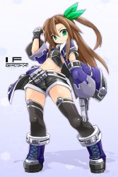 Rule 34 | 10s, 1girl, black gloves, black thighhighs, boots, breasts, brown hair, character name, company name, cross-laced footwear, detached sleeves, fingerless gloves, full body, gloves, gradient background, green eyes, gun, hair between eyes, hair ribbon, handgun, hexagon, highres, if (neptunia), karukan (monjya), long hair, looking at viewer, midriff, navel, neptune (series), pistol, revision, ribbon, shorts, side ponytail, silhouette, small breasts, solo, standing, thighhighs, weapon