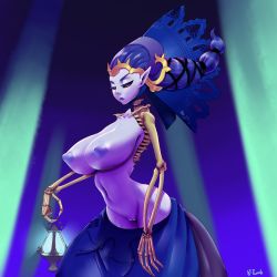 Rule 34 | 1girl, 8-tomb, black lips, black sclera, blue skin, breasts, colored sclera, colored skin, crown, dress, highres, huge breasts, inverted nipples, lantern, large breasts, lipstick, makeup, nipples, odette, odette (odin sphere), odin sphere, partial skeleton, pointy ears, pussy, queen, red eyes, ribs, skeleton, skirt, solo