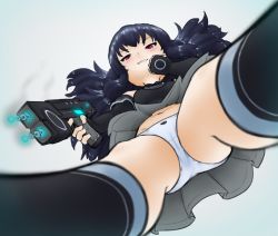 Rule 34 | 1girl, alloyrabbit, black gloves, black hair, black thighhighs, breasts, flat chest, from below, giant, giantess, gloves, highres, long hair, looking at viewer, neptune (series), panties, red eyes, smile, solo, thighhighs, twintails, underwear, uni (neptunia), white panties