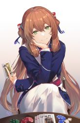 Rule 34 | 1girl, berezovich kryuger (girls&#039; frontline), blue jacket, brown hair, card, closed mouth, commentary, commission, dress, english commentary, girls&#039; frontline, gradient background, green eyes, hair between eyes, hair ribbon, hand on own cheek, hand on own face, head rest, highres, holding, holding card, jacket, kalina (girls&#039; frontline), long hair, long sleeves, looking at viewer, niac, playing card, poker chip, ribbon, signature, sitting, smile, solo, springfield (girls&#039; frontline), white dress