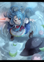 Rule 34 | 1girl, black footwear, black hat, blue hair, blue skirt, bow, bowtie, breasts, brown eyes, dress shirt, food, forehead, foreshortening, from above, fruit, hat, hinanawi tenshi, holding, holding sword, holding weapon, leaf, letterboxed, long hair, looking at viewer, looking up, opanchu (pixiv259683), open mouth, peach, puffy short sleeves, puffy sleeves, rainbow order, red bow, red bowtie, ripples, shirt, shoes, short sleeves, sidelocks, skirt, small breasts, socks, solo, standing, standing on liquid, sword, sword of hisou, touhou, unworn hat, unworn headwear, weapon, white shirt, white socks