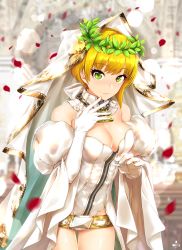 Rule 34 | 10s, 1girl, belt, blonde hair, blush, breasts, chain, cleavage, cosplay, fate/extra, fate/extra ccc, fate (series), gloves, green eyes, highres, idolmaster, infinote, lock, looking at viewer, medium breasts, miyamoto frederica, nero claudius (bride) (fate), nero claudius (bride) (third ascension) (fate), nero claudius (fate), nero claudius (fate) (all), padlock, petals, saber bride (cosplay), short hair, smile, solo, veil, white gloves, zipper