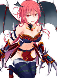 Rule 34 | 1girl, blush, breasts, claws, cleavage, dragon wings, fangs, highres, irohara, large breasts, long hair, looking at viewer, open mouth, red eyes, red hair, simple background, smile, solo, spikes, teppeki no megami, thighhighs, very long hair, white background, wings
